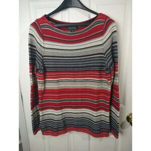 Lauren Ralph Lauren Scoop Neck Red Grey Striped Pullover Sweater Size PL